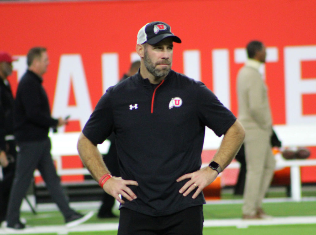 Utah Defensive Coordinator Morgan Scalley watches team warm up before Pac-12 Championship Game against USC Friday December 2, 2022 at Allegiant Stadium. (Lynn Harrington/stayaliveinpower5)